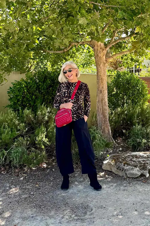 Add A Red Crossbody To A Dark Floral Outfit