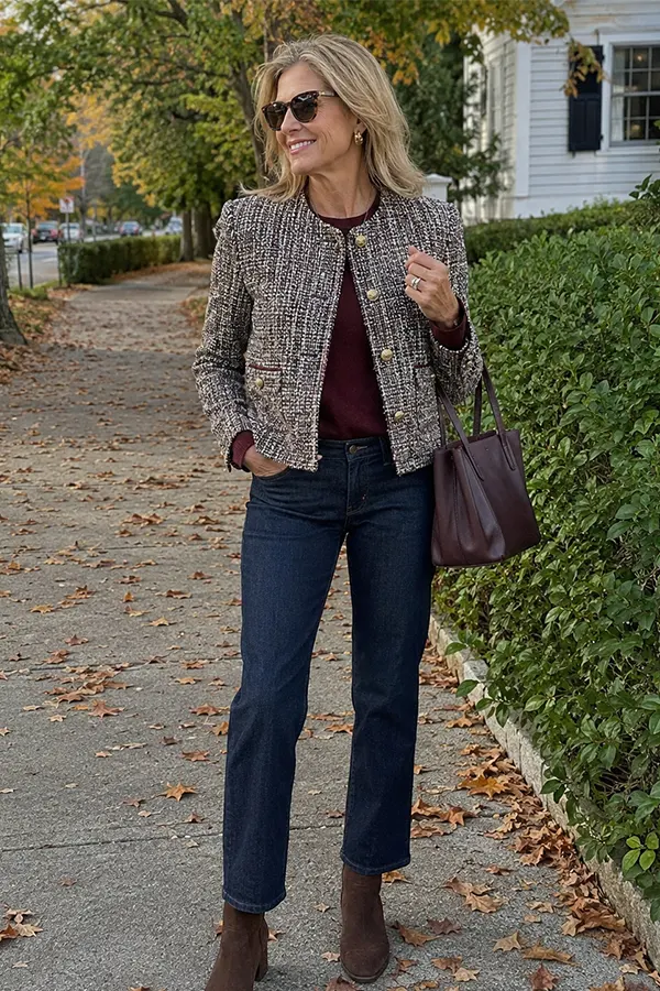Add A Textured Jacket To Dark Denim For Polished Casual Style