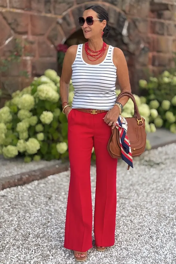 Balance Bold Red Trousers With A Classic Striped Top
