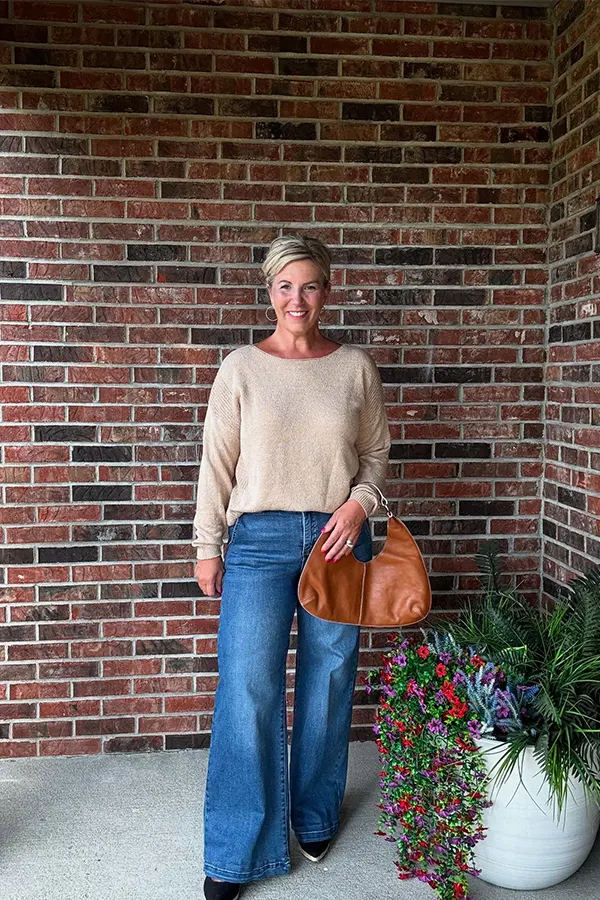 Beige Sweater With Wide Leg Blue Jeans
