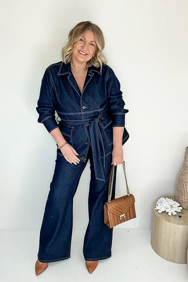 Belted Dark Denim For A Sleek One Color Look