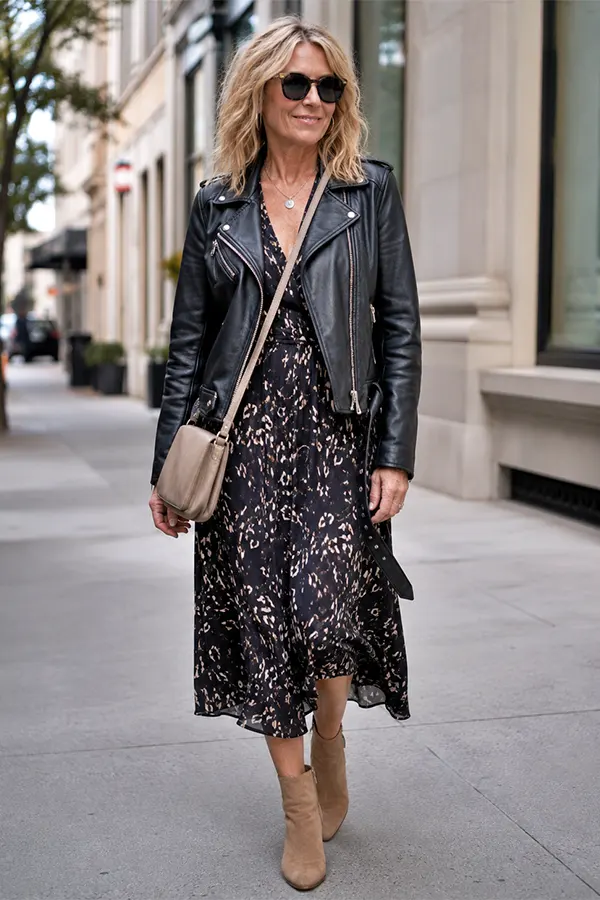 Black Floral Midi Dress With A Leather Jacket