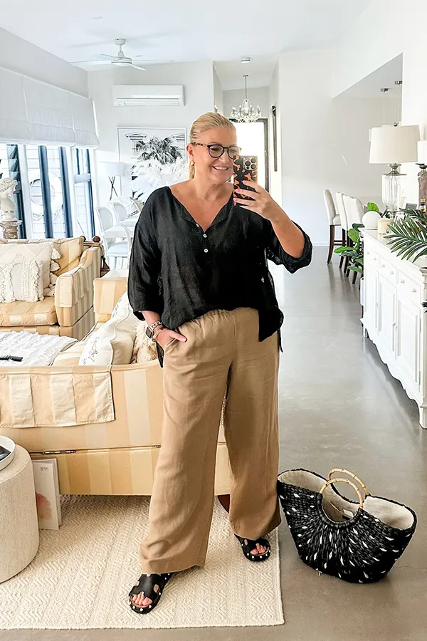 Black Top With Relaxed Beige Linen Pants