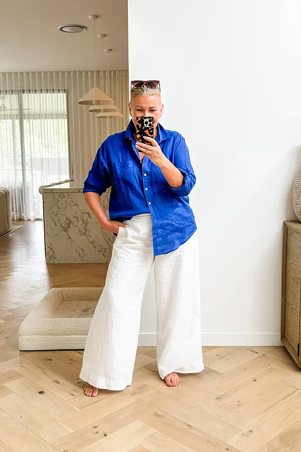 Bright Blue Blouse With White Wide Leg Pants