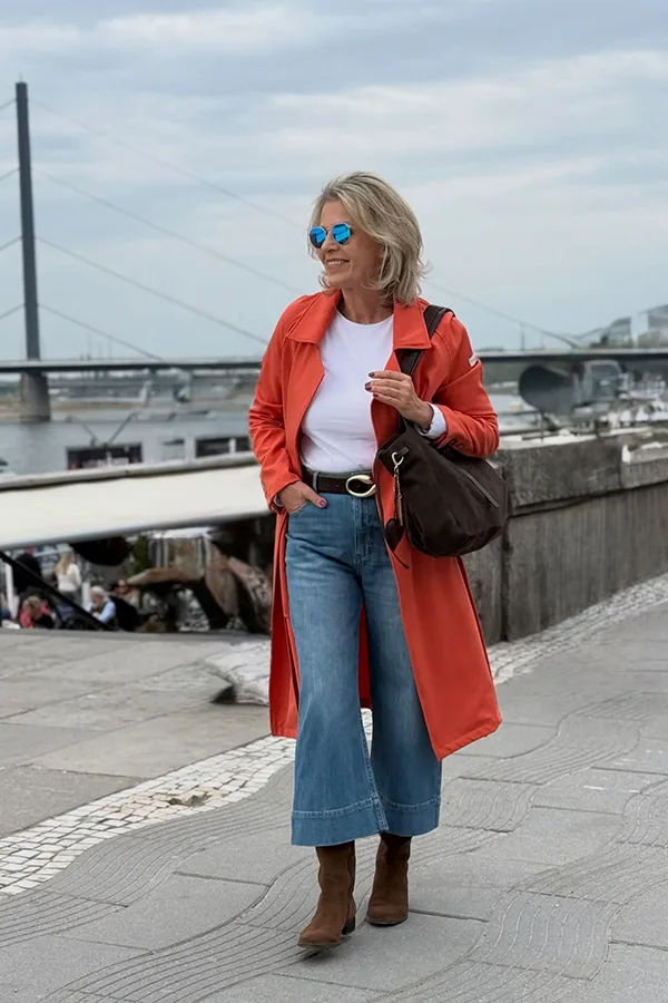 Bright Long Coat With Wide Leg Cropped Denim