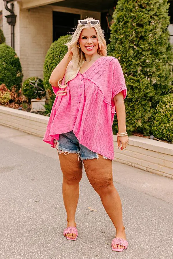 Bright Pink Oversized Shirt With Denim Shorts For A Fun Casual Outfit