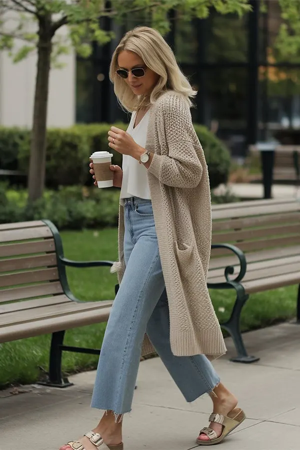 Brighten Fall Denim With A Long Cream Cardigan