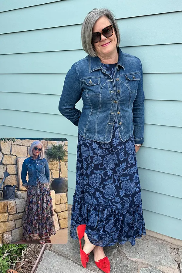 Bring Denim Into Fall With A Blue Floral Midi Skirt