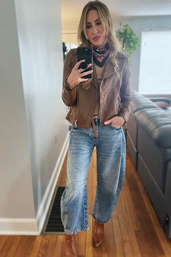 Brown Leather Jacket With Light Relaxed Fit Jeans