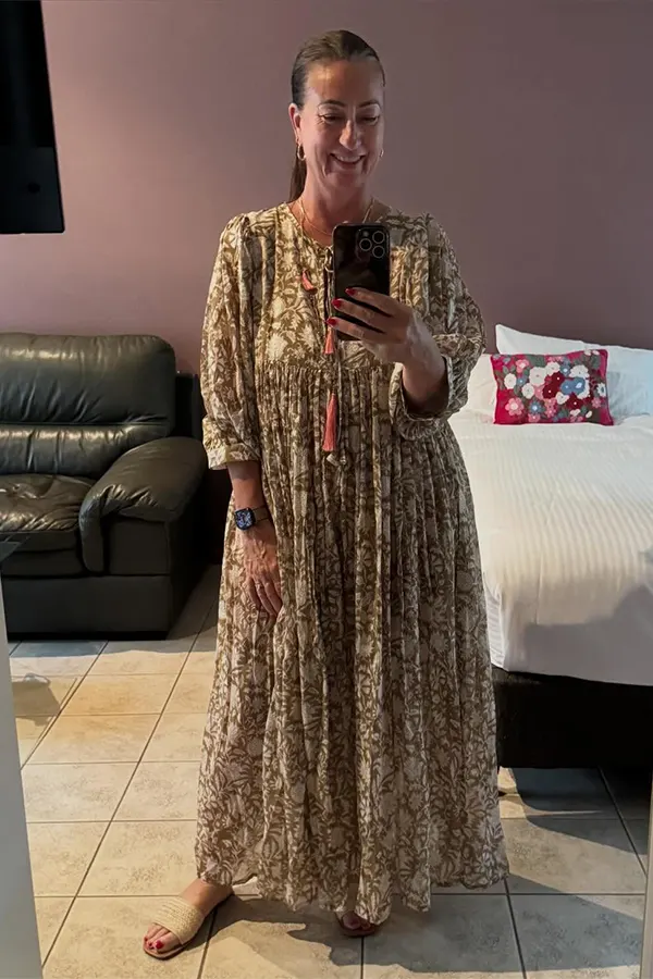 Brown Printed Maxi Dress With A Defined Waist Detail