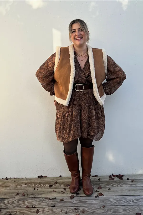Brown Textured Dress With Layered Vest And Boots