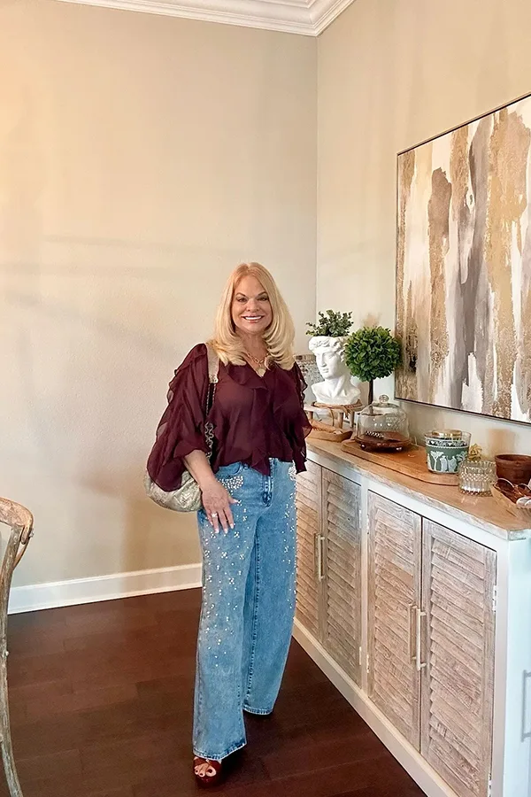 Burgundy Blouse With Light Blue Wide Leg Jeans