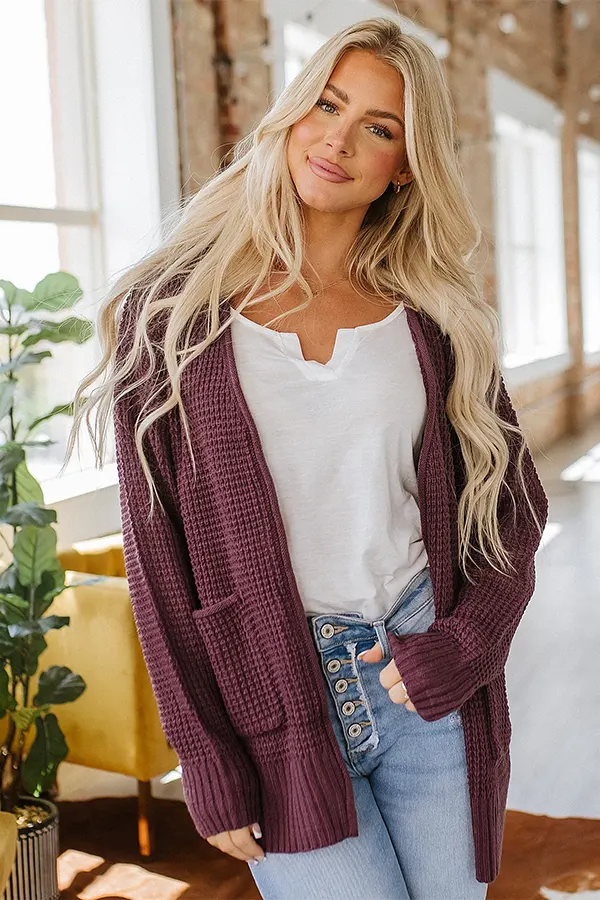 Burgundy Cardigan With A Simple White Top
