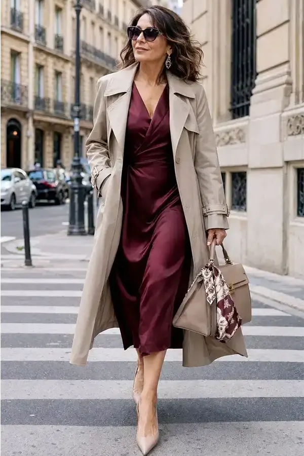 Burgundy Dress And Long Neutral Coat For City Style