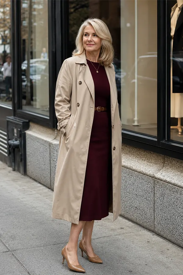 Burgundy Midi Dress Under A Light Trench Coat