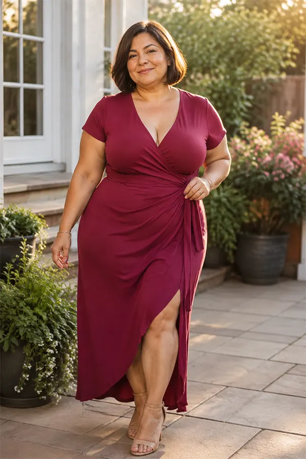 Burgundy Wrap Maxi Dress With Side Slit For A Feminine Evening Look