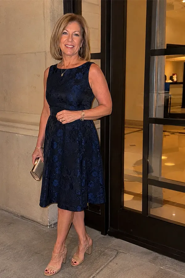 Choose A Sleeveless Navy Dress With Subtle Texture