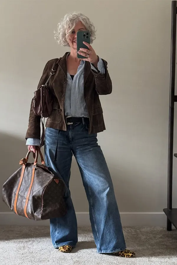 Combine A Brown Leather Jacket With Wide Leg Denim