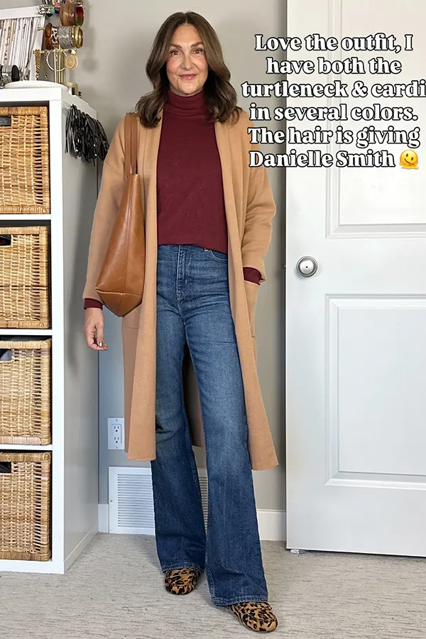 Combine A Burgundy Top Wide Jeans And A Long Camel Layer