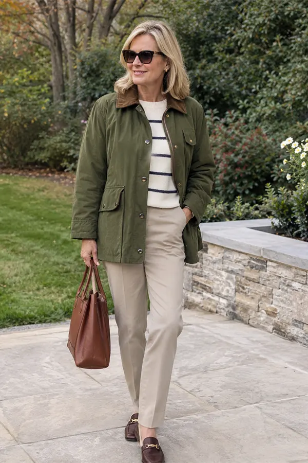 Combine An Olive Utility Jacket With Soft Neutrals