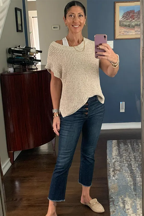 Cream Knit Top With Dark Denim