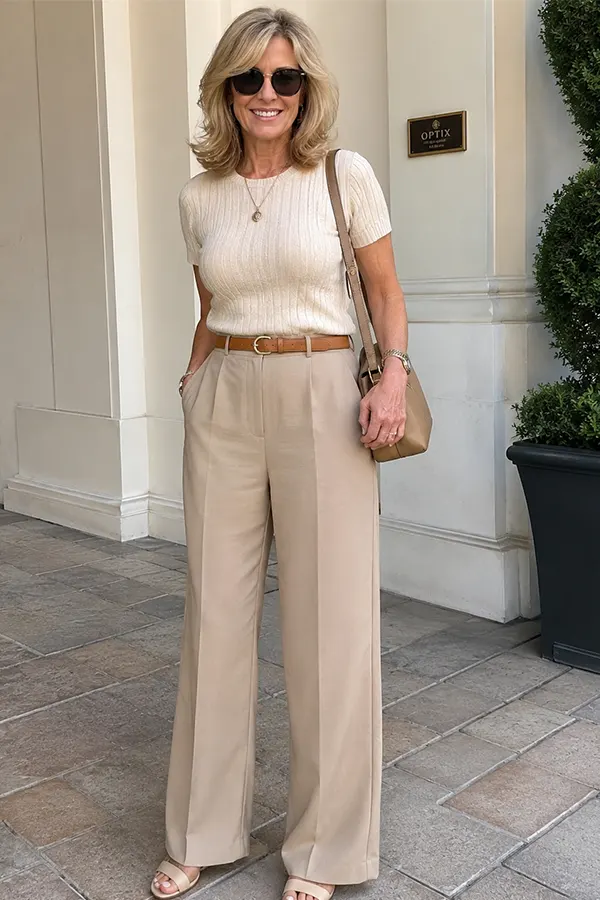 Cream Knit Top With Wide Leg Beige Trousers