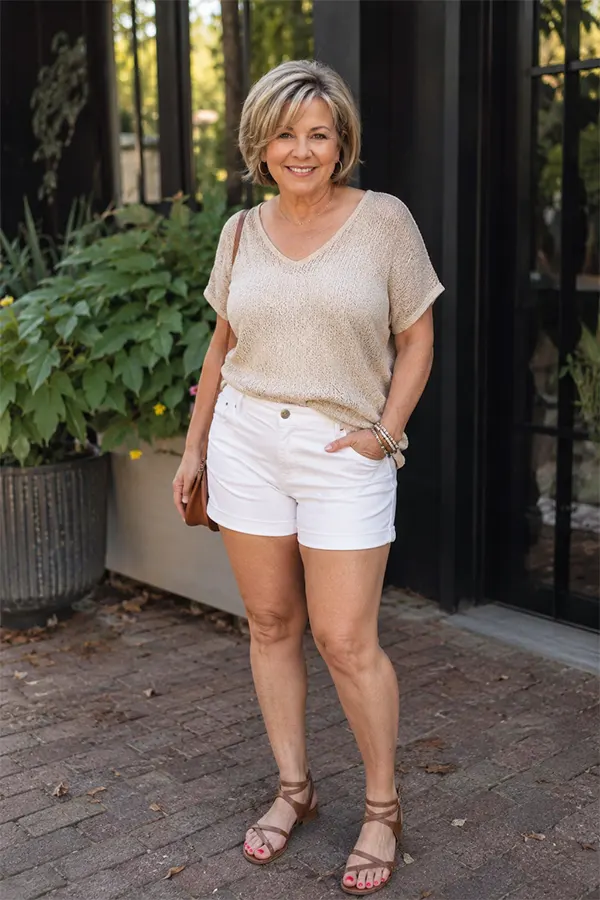 Cream Short Sleeve Top With White Shorts For A Light Summer Outfit