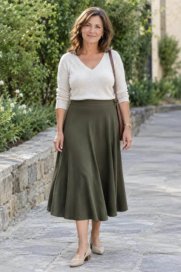 Cream Sweater With Olive Midi Skirt For An Elegant Neutral Outfit