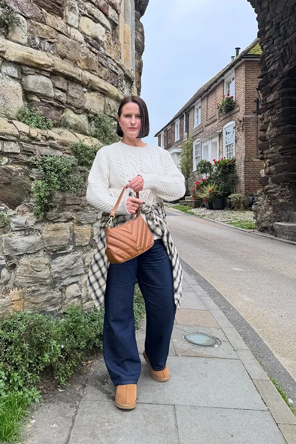 Cream Sweater With Wide Leg Jeans