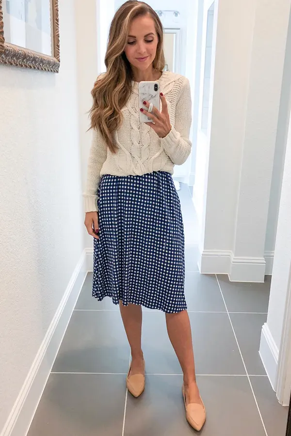Cream Sweater With A Gingham Midi Skirt