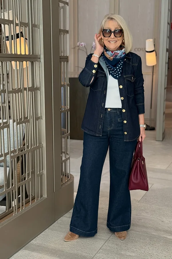 Dark Denim Jacket and Scarf With Loose-Fit Jeans