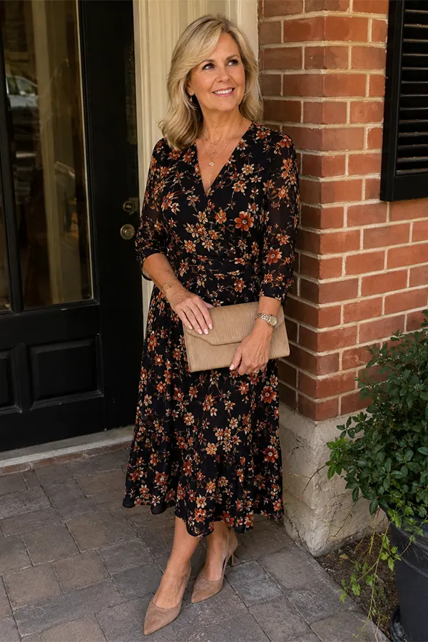 Dark Floral Midi Dress With A Small Neutral Clutch
