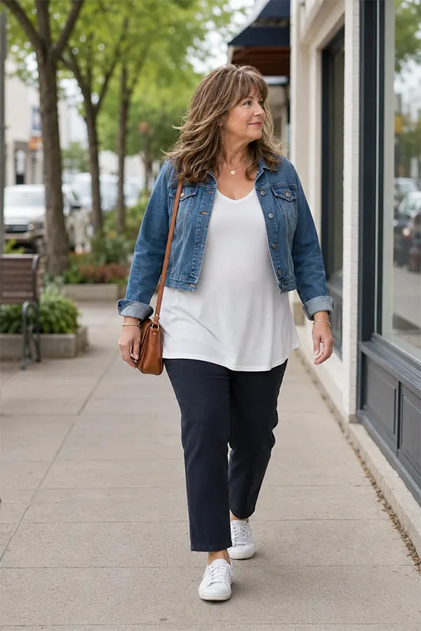 Denim Jacket Over White Top With Dark Pants For A Smart Casual Layer