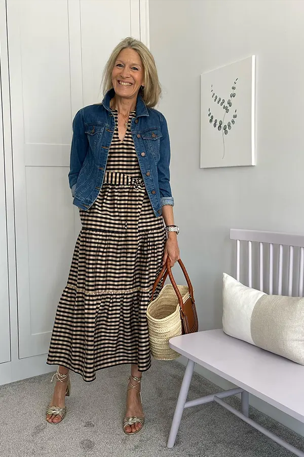 Denim Jacket Over A Printed Midi Dress