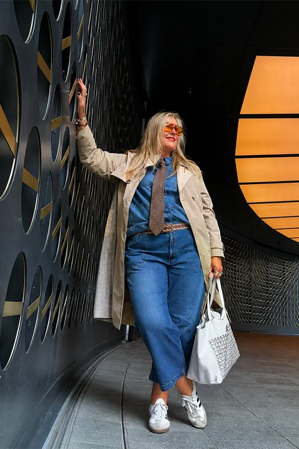 Denim Jacket With Wide Leg Jeans And White Sneakers