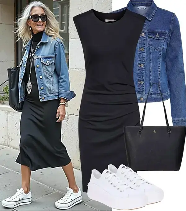Denim Jacket With A Black Midi Skirt And White Sneakers