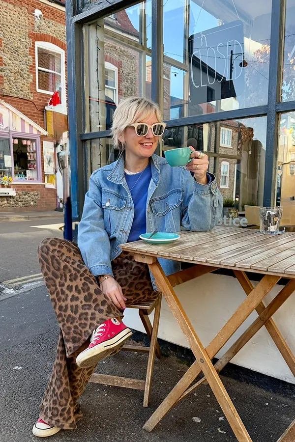 Denim Jacket And Leopard Pants For A Casual Lunch