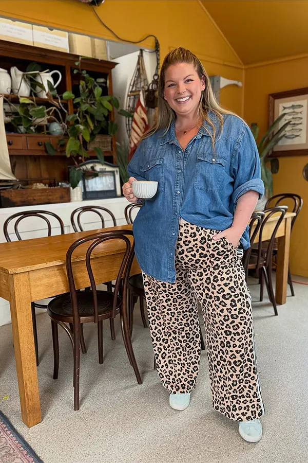 Denim Shirt With Leopard Print Pants