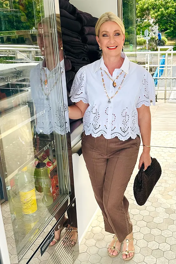 Dress Up Brown Trousers With A Detailed White Blouse