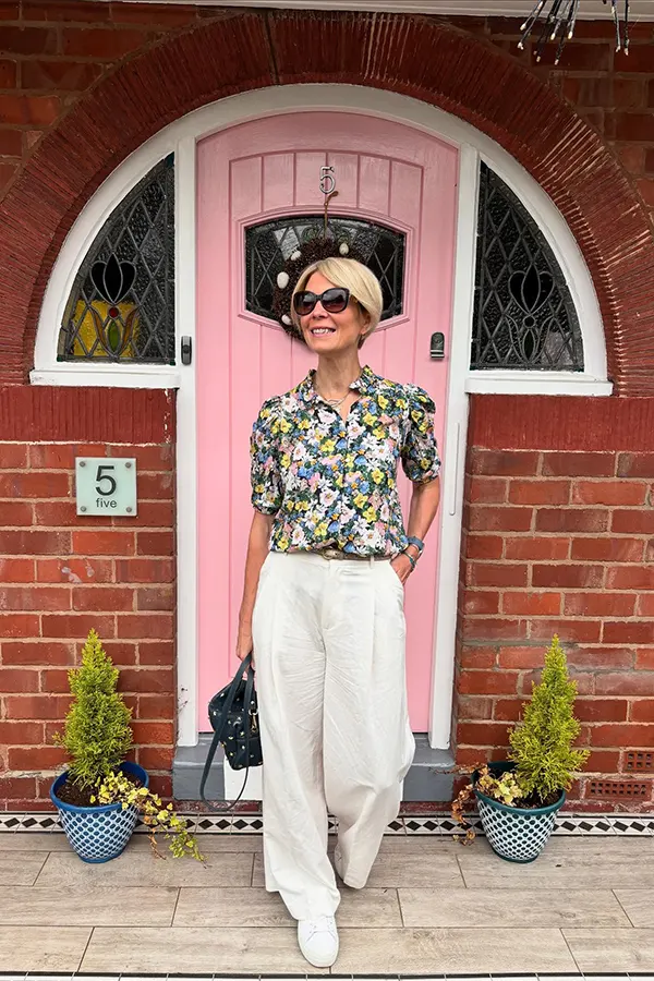 Floral Blouse With Cream Wide Leg Trousers