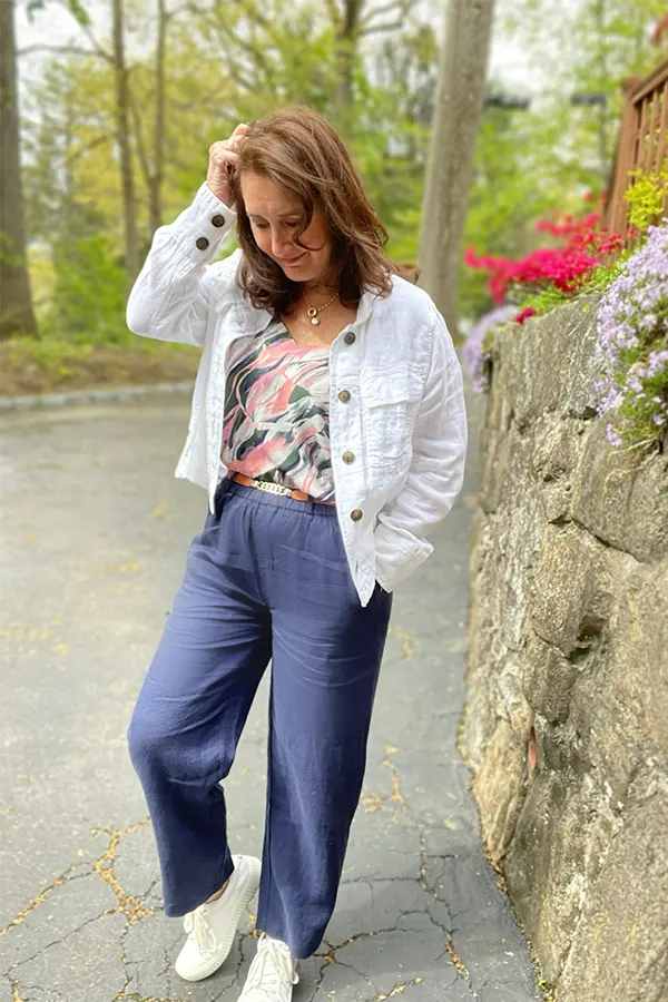 Floral Top With Deep Blue Linen Pants