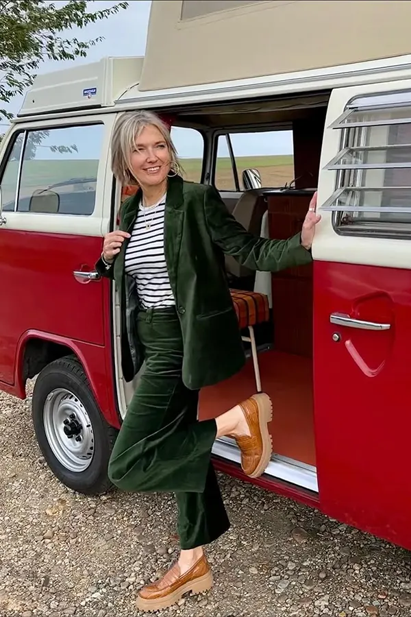Forest Green Blazer And Trousers With A Striped Top