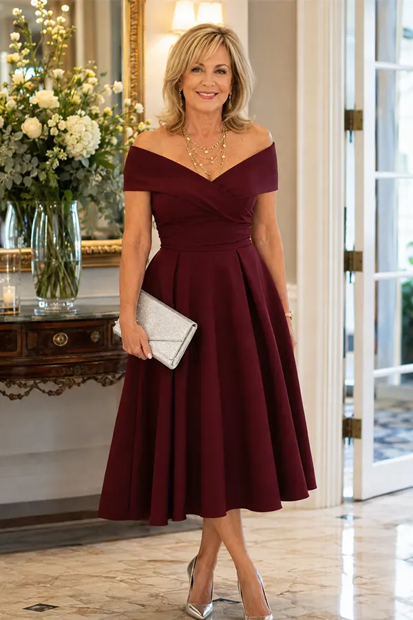 Go Romantic With A Burgundy Off Shoulder Midi