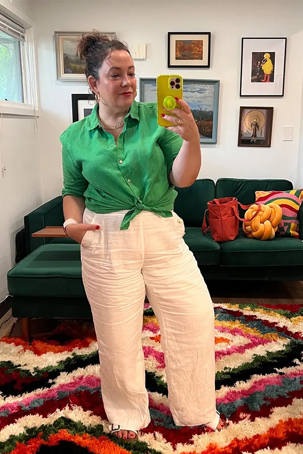 Green Blouse With Warm Peach Trousers