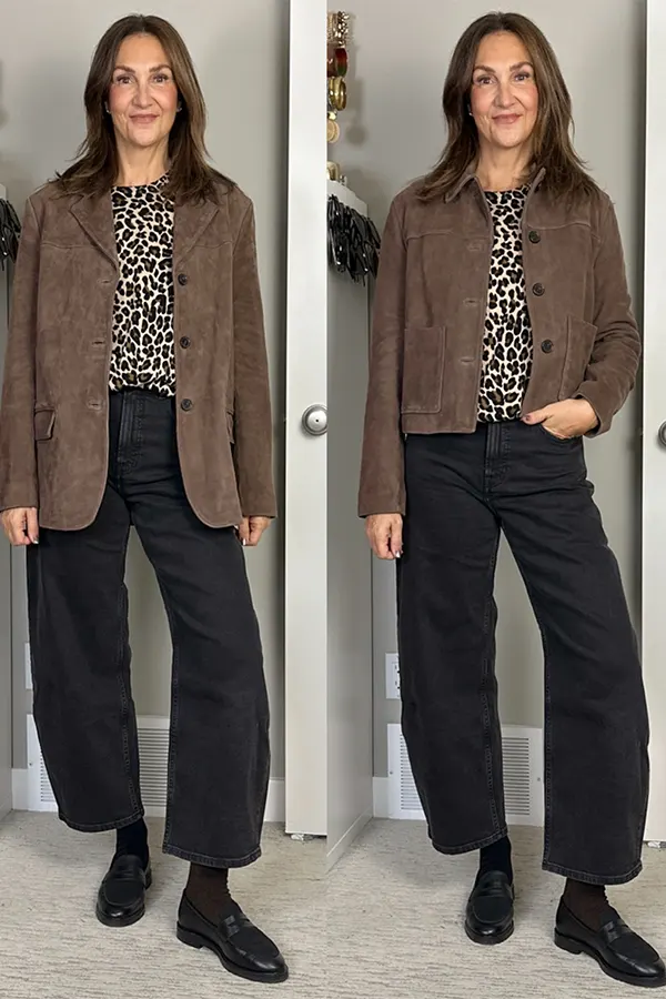 Layer A Brown Jacket Over A Leopard Print Top