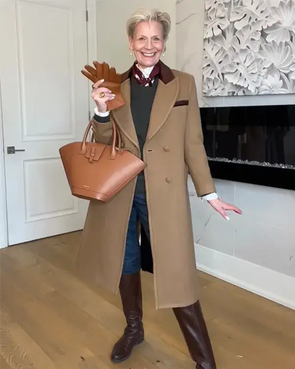Layer A Camel Long Coat Over Tailored Neutrals