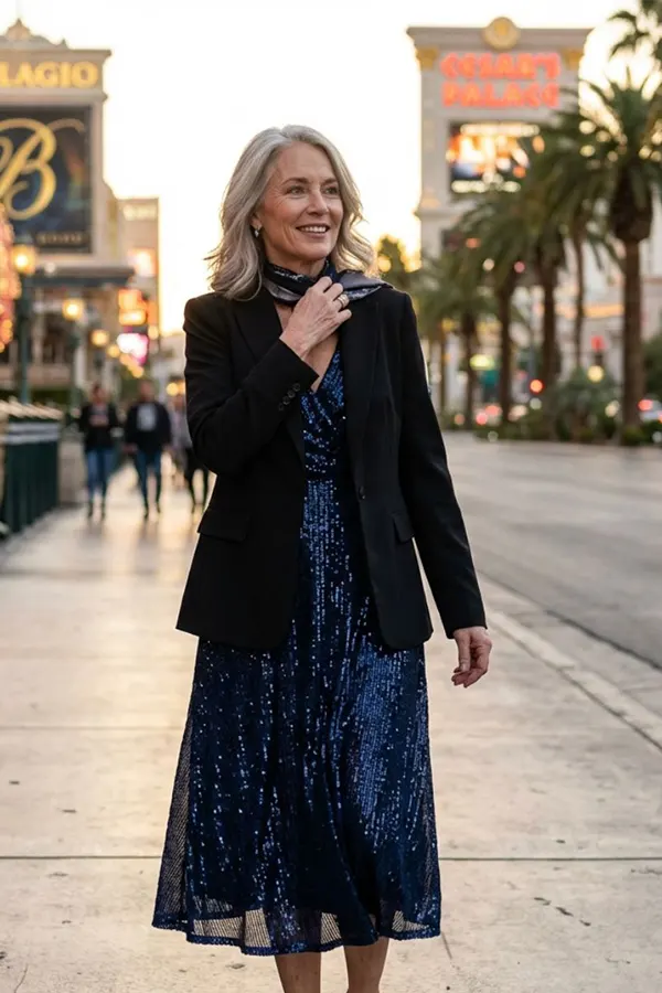 Layer A Dark Blazer Over A Feminine Midi Dress