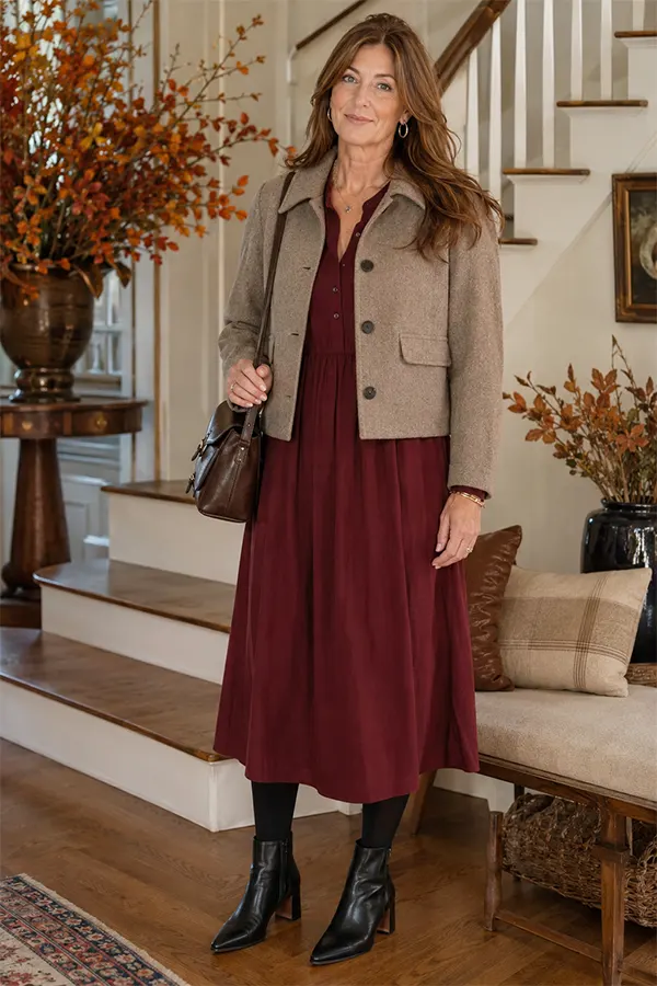 Layer A Tan Jacket Over A Burgundy Midi Dress