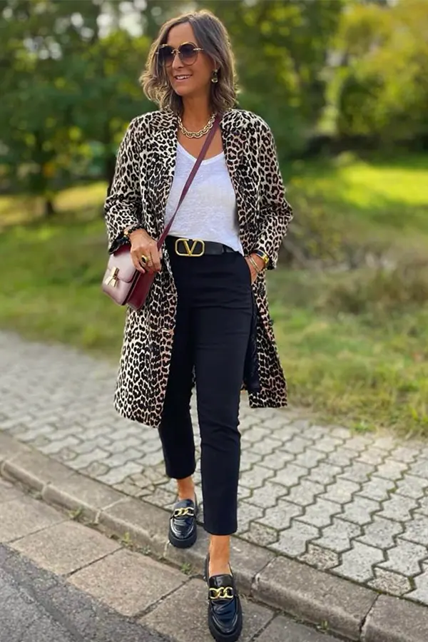 Leopard Cardigan Over A Simple Dark Base