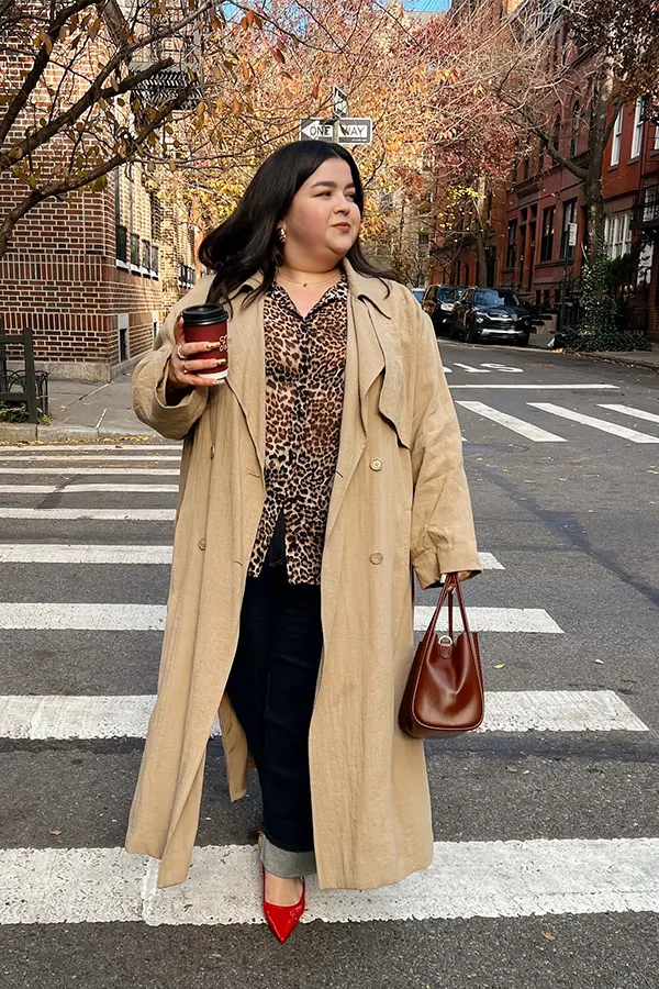 Long Beige Coat With Leopard Blouse And Black Pants